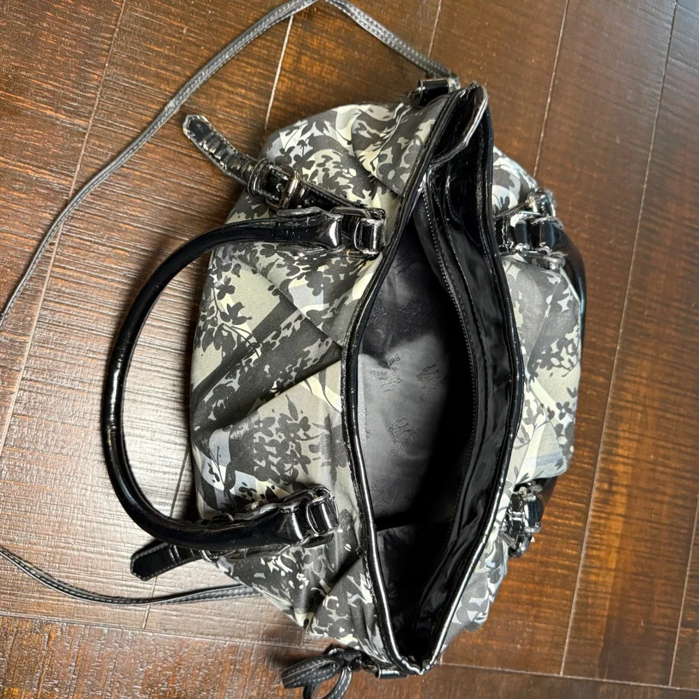 Floral Plaid Check Satchel Bag‎ Black White Patent Trim Purse Tote Crossbody